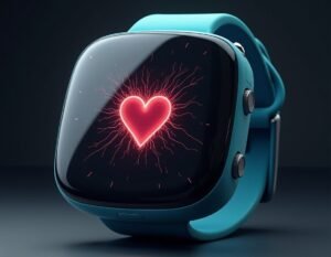 A smartwatch displaying a heart icon, representing health monitoring wearables recommended by Zenon at Wellness-Tech-Spot.com.