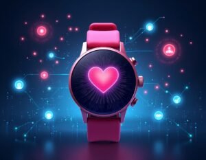 A smartwatch displaying a glowing heart icon, representing smart devices for health recommended by Zenon at Wellness-Tech-Spot.com.