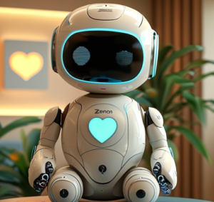 A friendly robot named Zenon with glowing heart, representing wellness and technology balance at Wellness-Tech-Spot.com