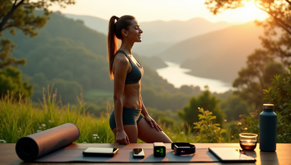 "A young woman stands confidently amidst lush greenery with various wellness gadgets arranged on a wooden bench in the foreground."