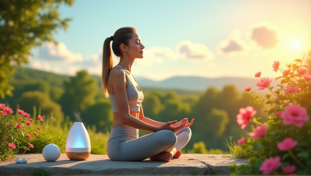 "A serene woman sits on a natural stone bench surrounded by lush greenery, practicing wellness with calming gadgets like an essential oil diffuser and meditation timer."