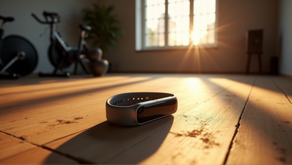 "A sleek silver fitness tracker on a worn wooden exercise mat in a dimly lit home gym with minimalist surroundings, evoking determination and comfort through wellness tech."