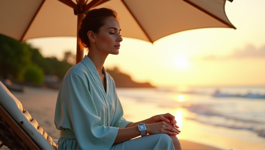 "A serene woman sits on a beach at sunset, surrounded by gentle waves and lush greenery, wearing a soft pastel blue robe and holding a sleek silver smartwatch, embodying inner peace with wellness tech."