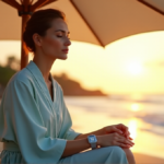 "Find Inner Peace with Smart Stress Relief Devices That Work for You Today" "A serene woman sits on a beach at sunset, surrounded by gentle waves and lush greenery, wearing a soft pastel blue robe and holding a sleek silver smartwatch, embodying inner peace with wellness tech."