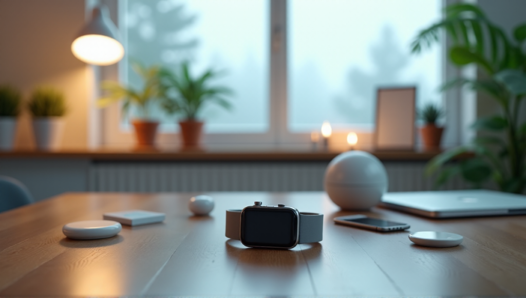 "A serene wellness space featuring a sleek smartwatch on a wooden desk surrounded by cutting-edge gadgets, showcasing modern 'wellness tech' for a balanced lifestyle."