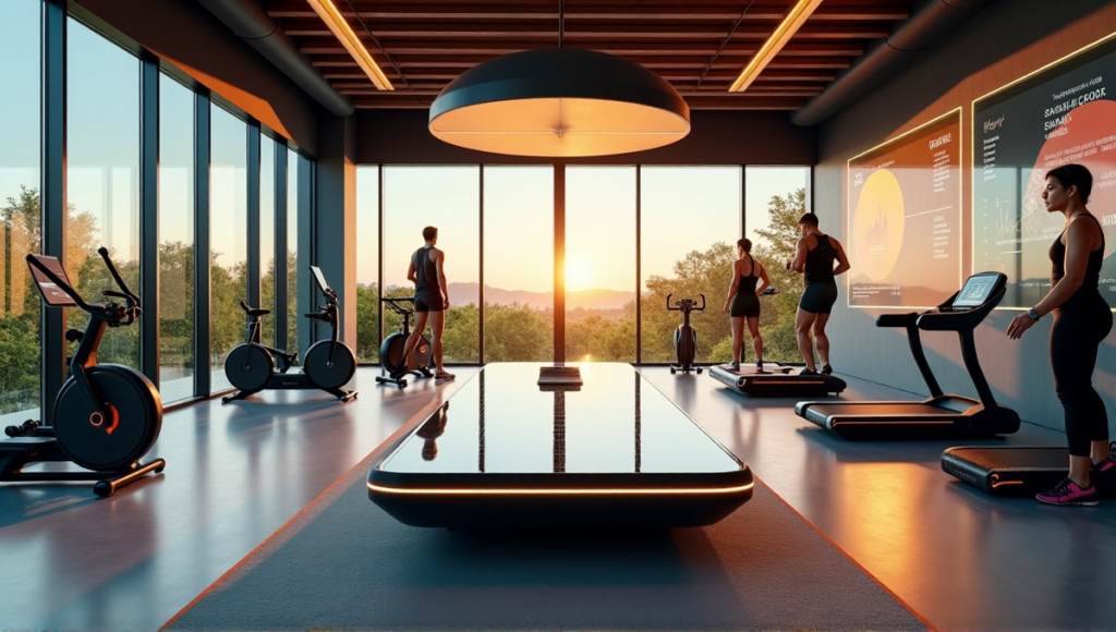 "A modern fitness studio featuring cutting-edge wellness tech gadgets, natural scenery, and motivational quotes."