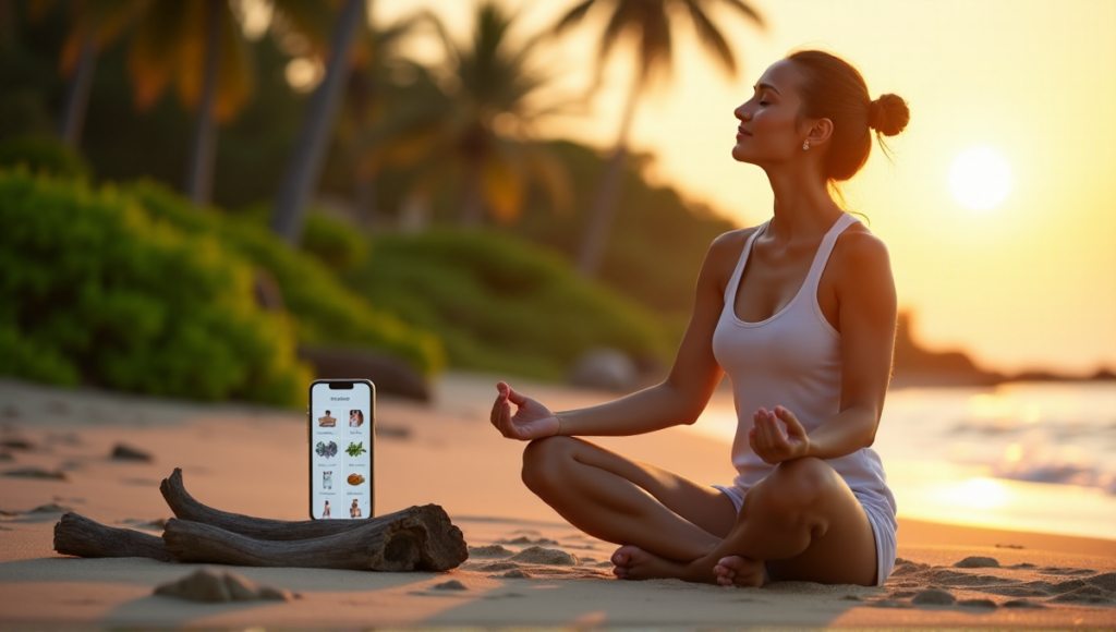 "A young woman practices yoga on a wellness app while relaxing on a serene beach at sunset, surrounded by lush greenery and palm trees."