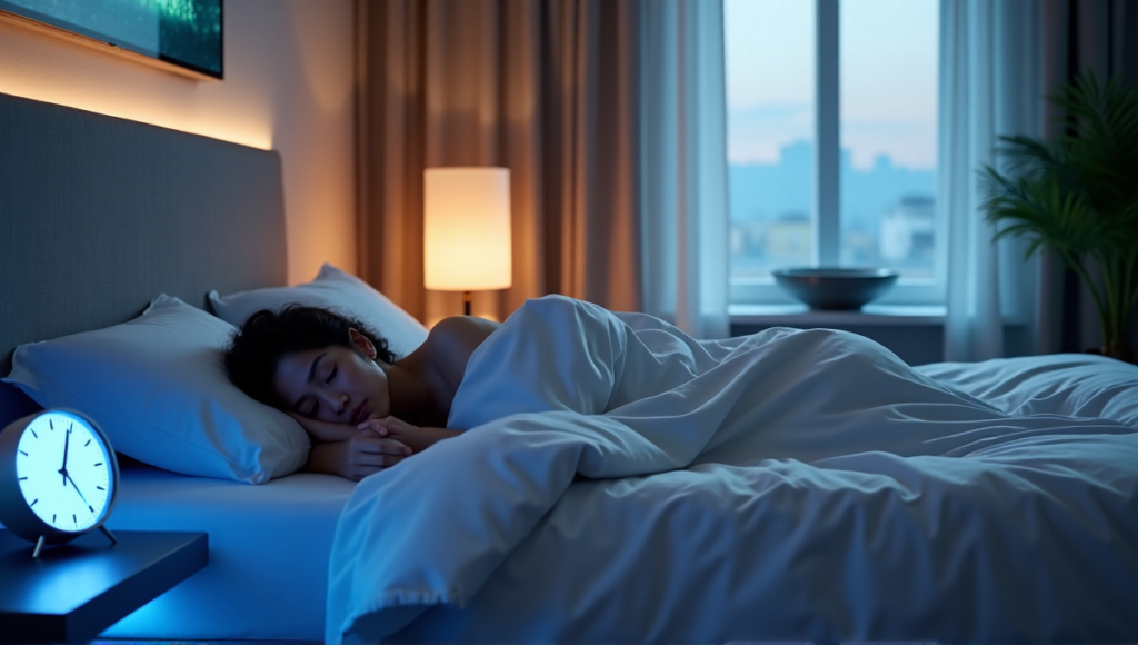 "A serene bedroom scene featuring a person sleeping on a plush king-size bed surrounded by calming wellness tech gadgets, including an ambient LED strip, smart alarm clock, air purifier, and nature-inspired visualizer."