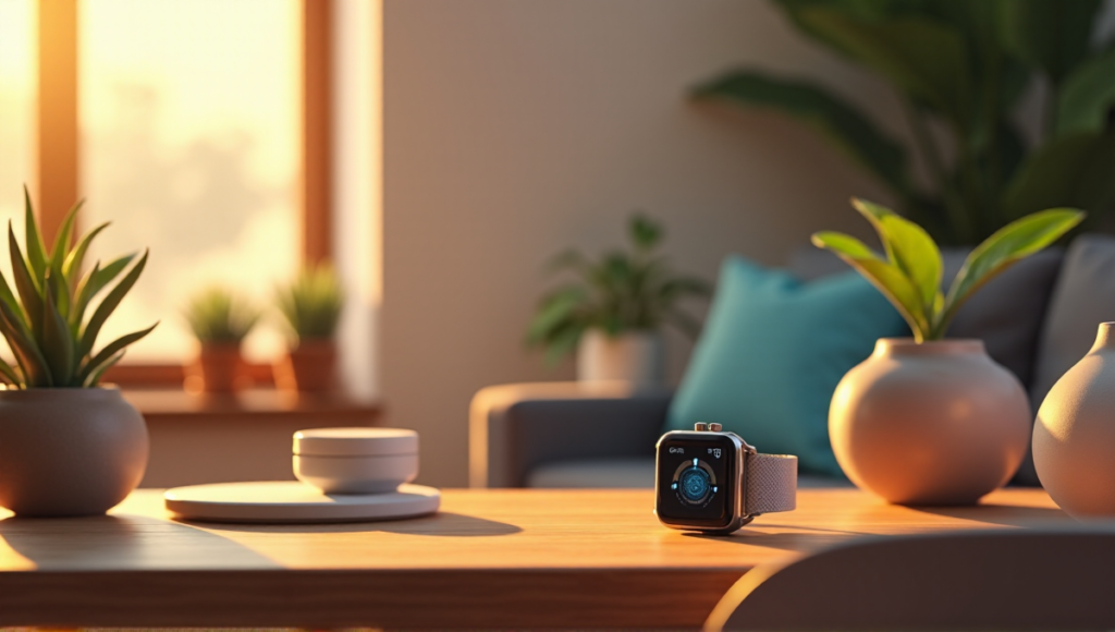 "A serene living room featuring wellness tech essentials: a smartwatch, air purifier, meditation device, and fitness tracker, surrounded by natural light and plants."