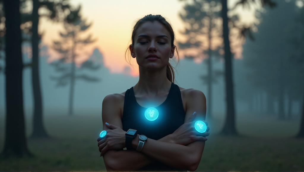 "A person wearing multiple health monitoring wearables in a serene misty forest at dawn, conveying balance and wellness through subtle glow and natural light."