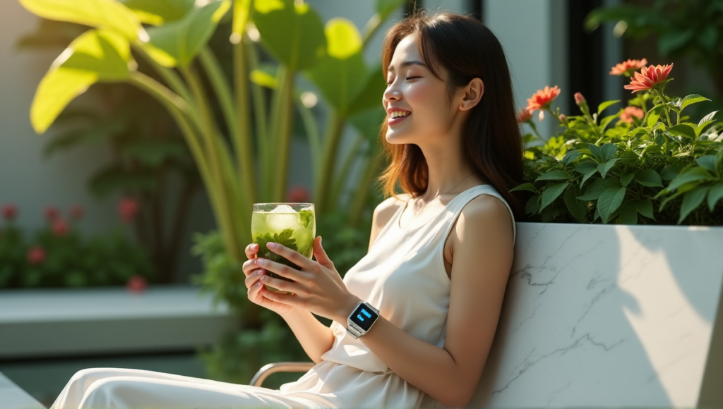 "A serene young woman in a modern garden setting uses wellness tech, including a smartwatch and connected device, to achieve optimal health and balance."