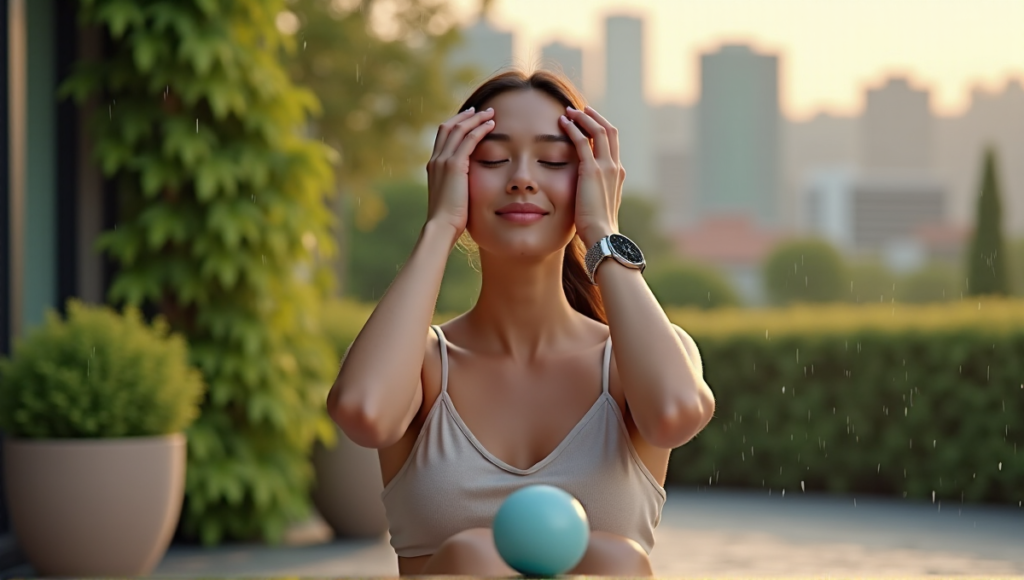 "A serene woman relaxes on a natural stone patio surrounded by lush greenery, using wellness tech devices to manage stress."