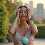 Stress Relief Devices That Fit Your Lifestyle for a Calmer Mind "A serene woman relaxes on a natural stone patio surrounded by lush greenery, using wellness tech devices to manage stress."
