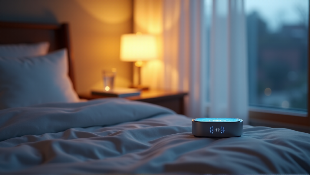 "A serene bedroom scene featuring a sleek smart sleep tracker on a minimalist nightstand amidst soft white curtains and warm golden hour light, showcasing wellness tech innovations."