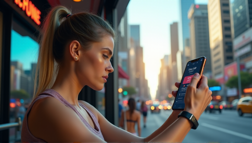 "A young woman wearing a sleek silver smart fitness tracker on her wrist, surrounded by urban skyscrapers, exercising with wellness tech in mind."