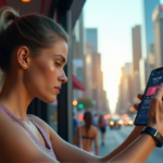 Revolutionize Your Workouts with Smart Fitness Trackers 2025 "A young woman wearing a sleek silver smart fitness tracker on her wrist, surrounded by urban skyscrapers, exercising with wellness tech in mind."