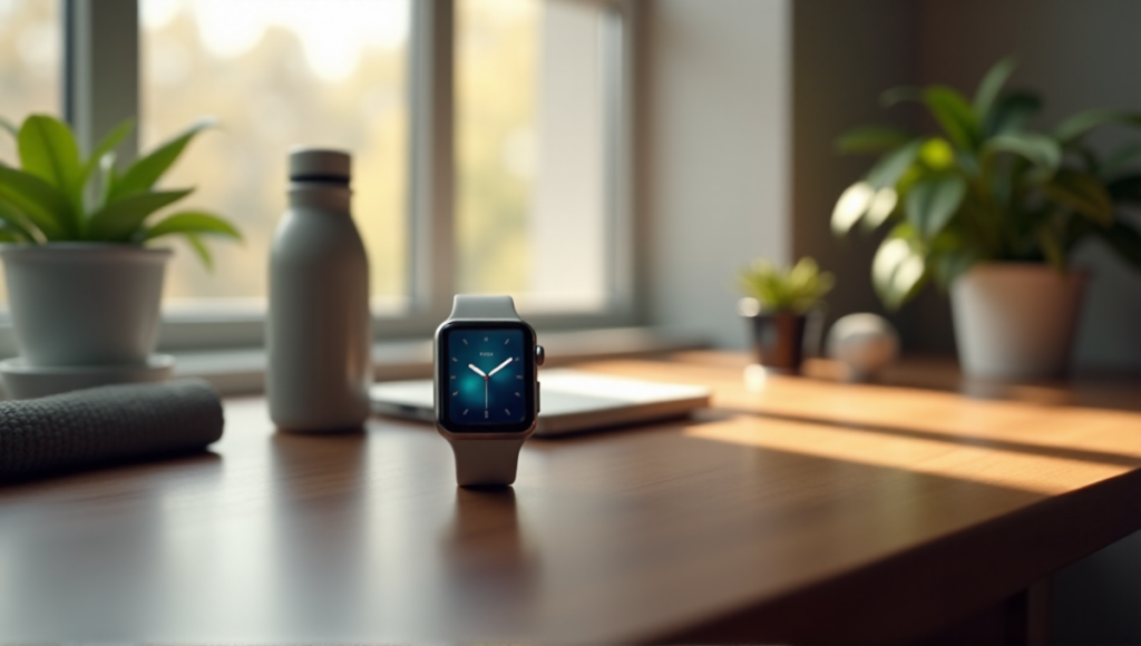 "A sleek silver smartwatch on a minimalist wooden desk amidst a serene morning environment, surrounded by wellness-related items."