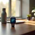 Wellness Gadgets That Redefine Healthy Living 2025: Top Fitness Activity Trackers and Smart Devices for Optimal Health "A sleek silver smartwatch on a minimalist wooden desk amidst a serene morning environment, surrounded by wellness-related items."