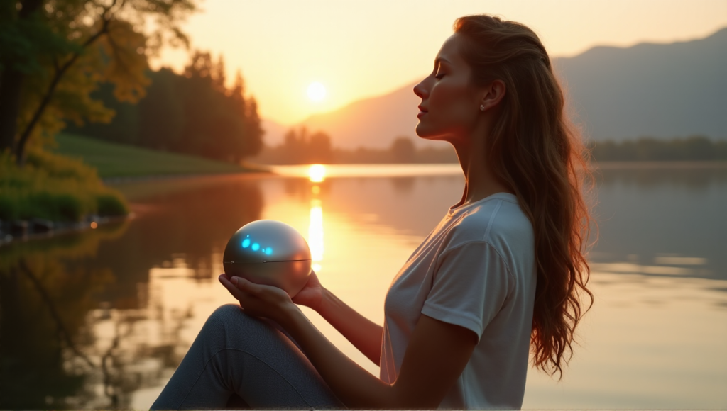 "A serene woman sits on a wooden dock overlooking a peaceful lake at sunset, cradling a sleek smart stress relief device emitting soft blue pulses of light amidst lush greenery and misty mountains."