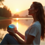 Smart Stress Relief Devices for a Calmer Mind "A serene woman sits on a wooden dock overlooking a peaceful lake at sunset, cradling a sleek smart stress relief device emitting soft blue pulses of light amidst lush greenery and misty mountains."
