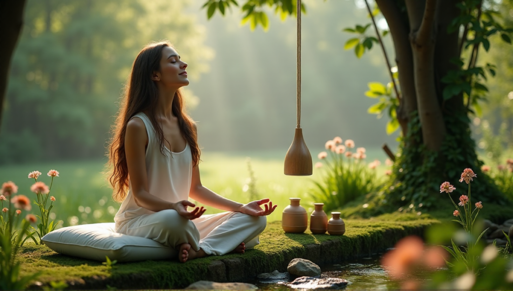 "A serene woman sits on a moss-covered bench amidst lush greenery, surrounded by Calmio's wellness tech devices: meditation cushion, essential oil diffuser, and soothing crystals."