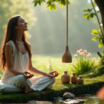 Discover Calmio's Top Stress Relief Devices for Inner Peace and Balance "A serene woman sits on a moss-covered bench amidst lush greenery, surrounded by Calmio's wellness tech devices: meditation cushion, essential oil diffuser, and soothing crystals."