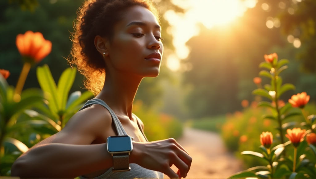 "A person wearing a sleek silver smartwatch surrounded by lush greenery, conveying balance between wellness tech and nature."