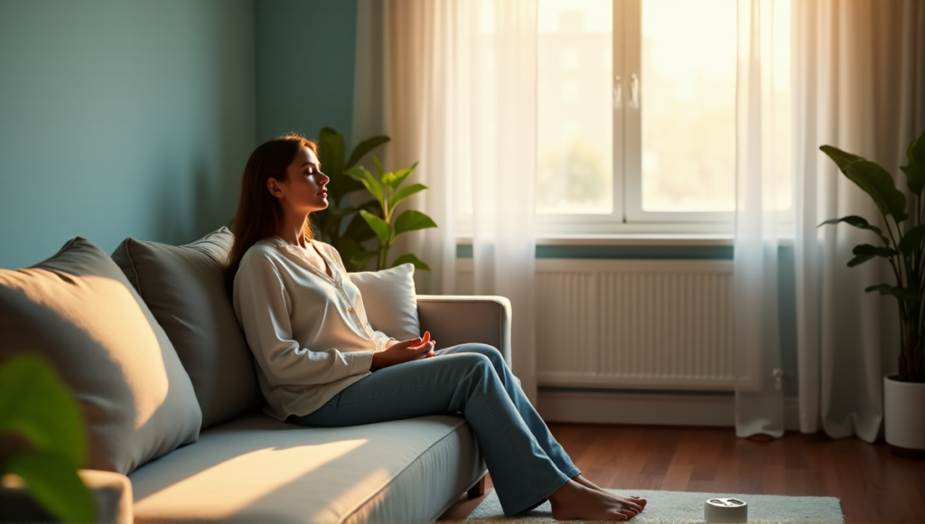 "A serene woman sits on a gray couch surrounded by wellness tech gadgets like a meditation timer, essential oil diffuser, and noise-cancelling headphones in a peaceful living room."