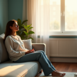 Smart Gadgets for Mindful Living and Relaxation: Top Wellness Tech Essentials "A serene woman sits on a gray couch surrounded by wellness tech gadgets like a meditation timer, essential oil diffuser, and noise-cancelling headphones in a peaceful living room."