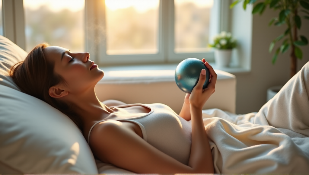 "A serene woman relaxes on a cream-colored couch in a minimalist living room with soft natural light, holding a Zenon stress relief device and blue glass essential oil diffuser."