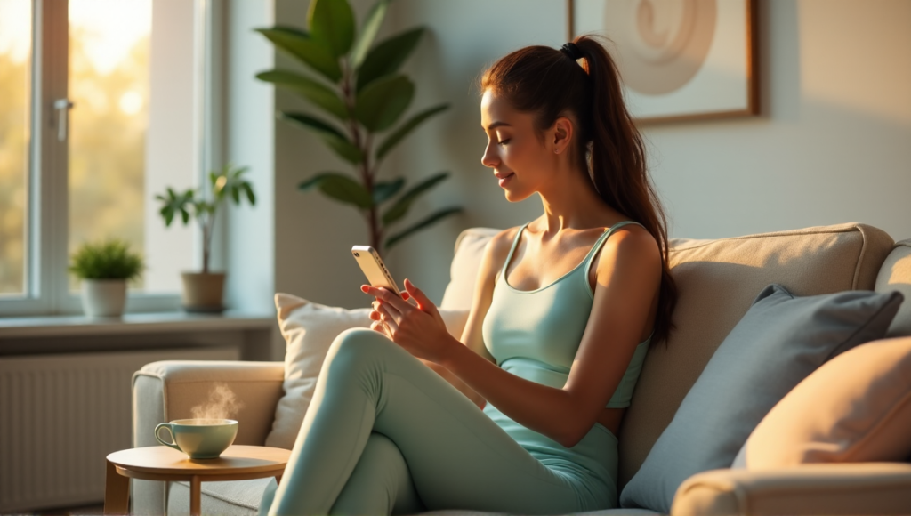 "A young woman relaxes on a cream-colored couch, surrounded by calming elements, with her iPhone displaying a health app and a steaming cup of green tea nearby."