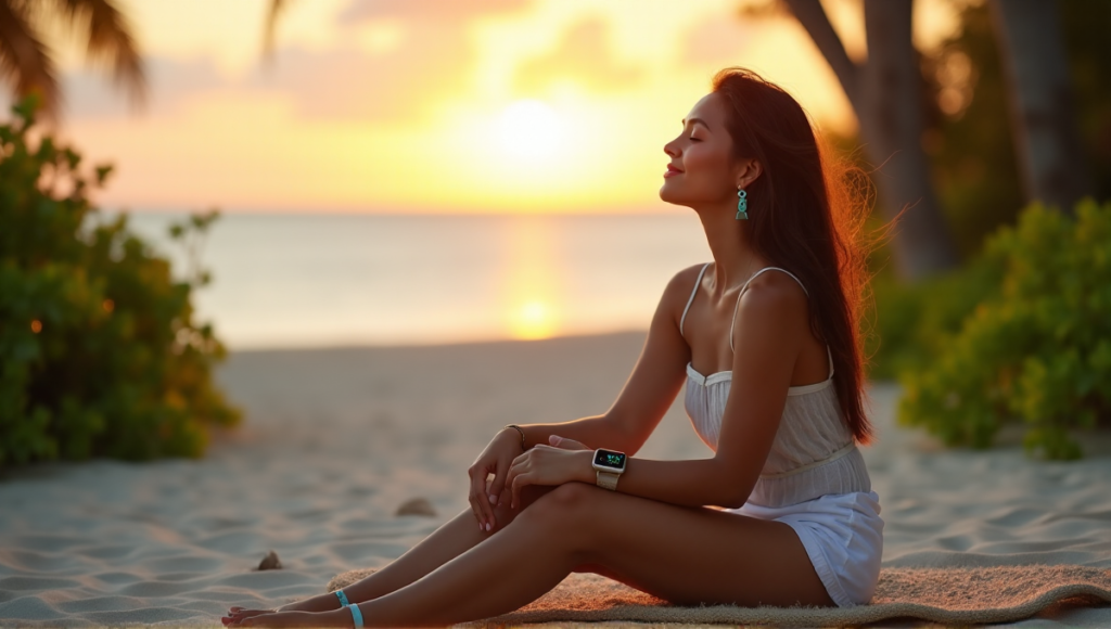 "A serene woman sits on a beach at sunrise, surrounded by lush greenery, wearing an Apple Watch and fitness tracker with calming blue glow."