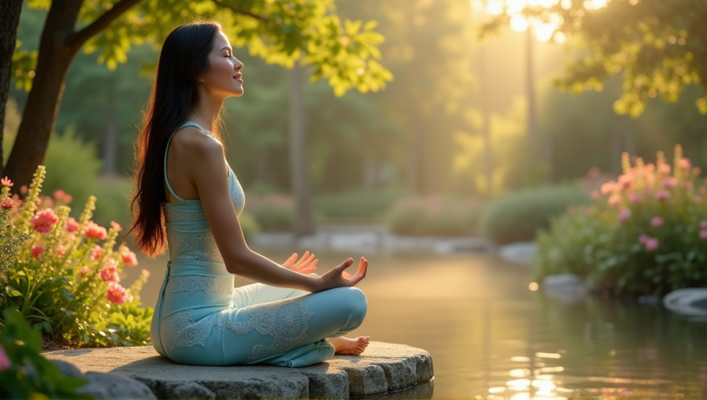 "A serene woman in a pastel blue yoga outfit sits on a natural stone bench amidst lush greenery and vibrant flowers, embodying mindful living with a gentle smile."