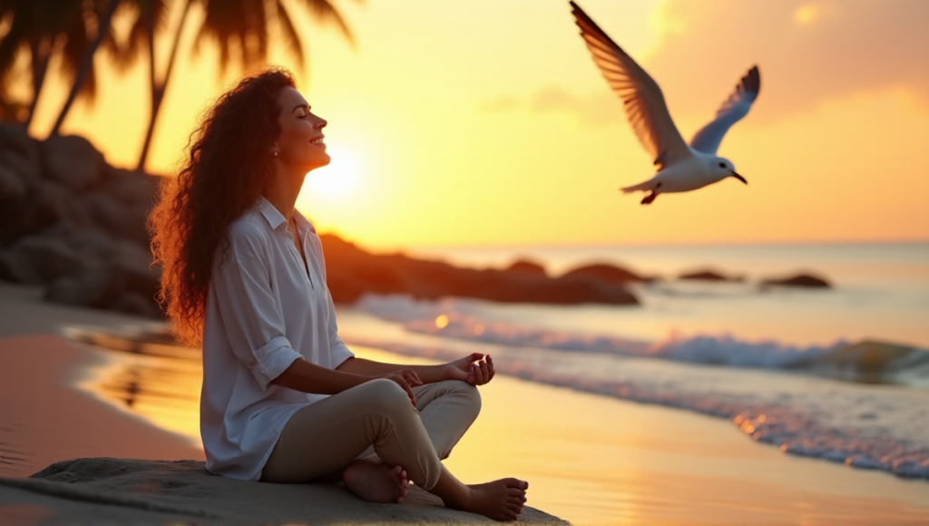 "A serene woman sits on a beach at sunset, embodying inner peace with Calmio's wellness tech solutions, surrounded by warm golden light and gentle palm trees."