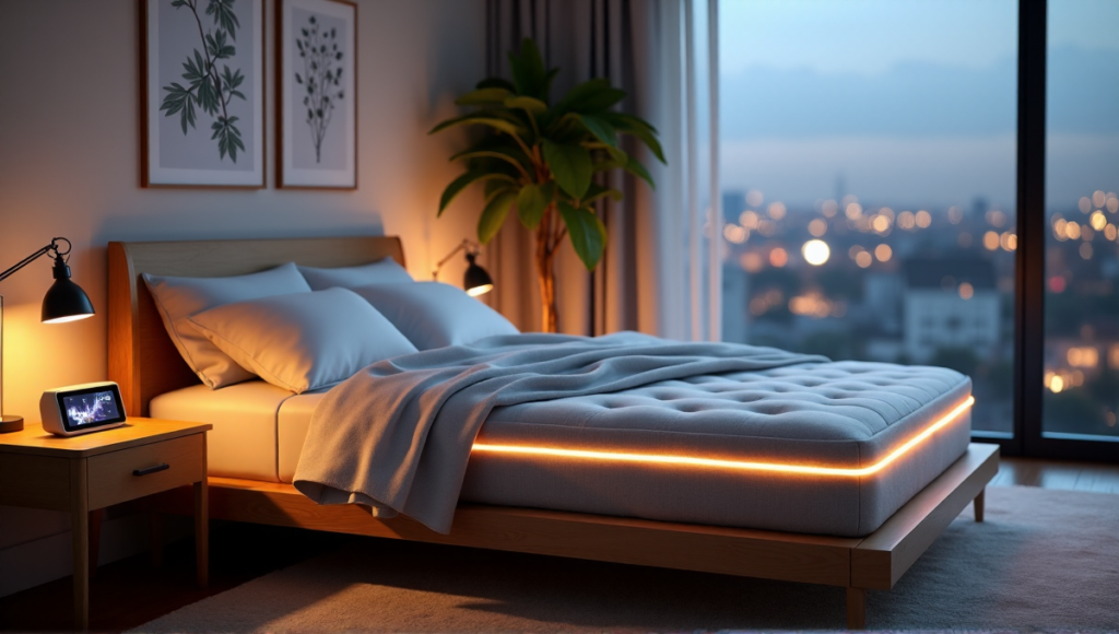 "A serene bedroom at dusk featuring a sleek smart mattress with LED glow, calming botanical prints, and wellness tech innovations subtly integrated into the peaceful environment."