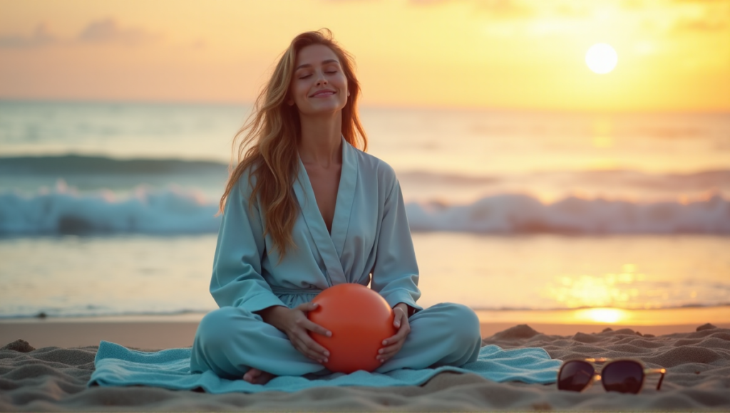 "A serene woman sits on a tranquil beach at sunset, surrounded by calm ocean waves, cradling a weighted blanket in her hands, exuding relaxation and inner peace amidst wellness tech."