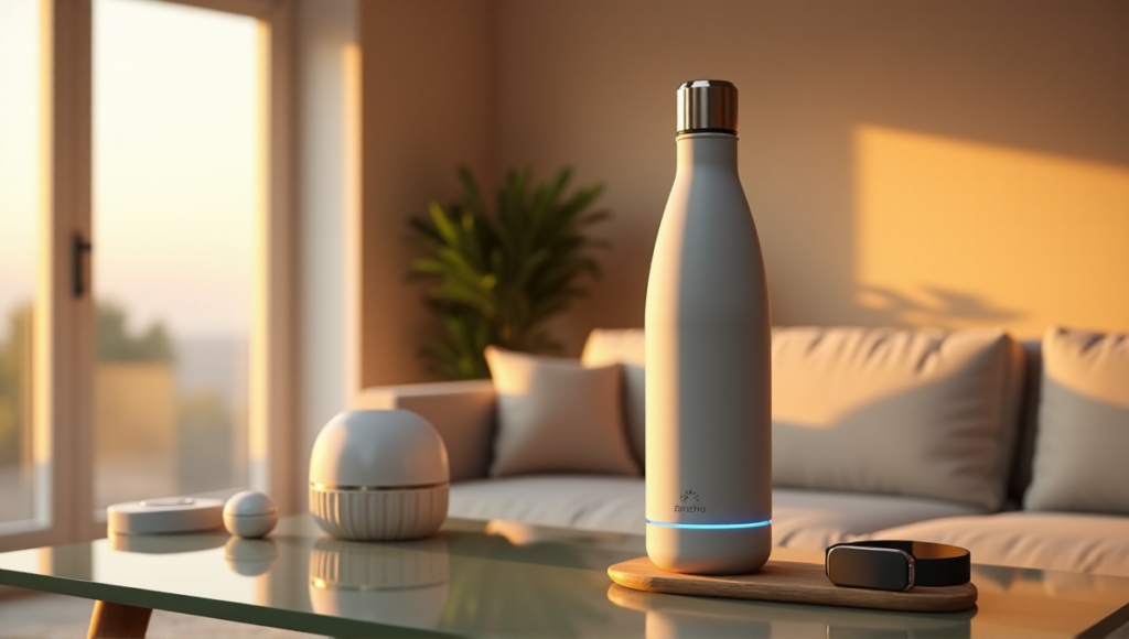 "A serene living room featuring a sleek smart water bottle surrounded by wellness tech gadgets in a minimalist setting."