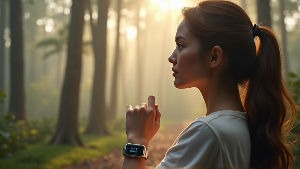 "A young woman wearing a sleek silver health wearable device on her wrist, surrounded by a misty morning forest, embodying wellness through technology."