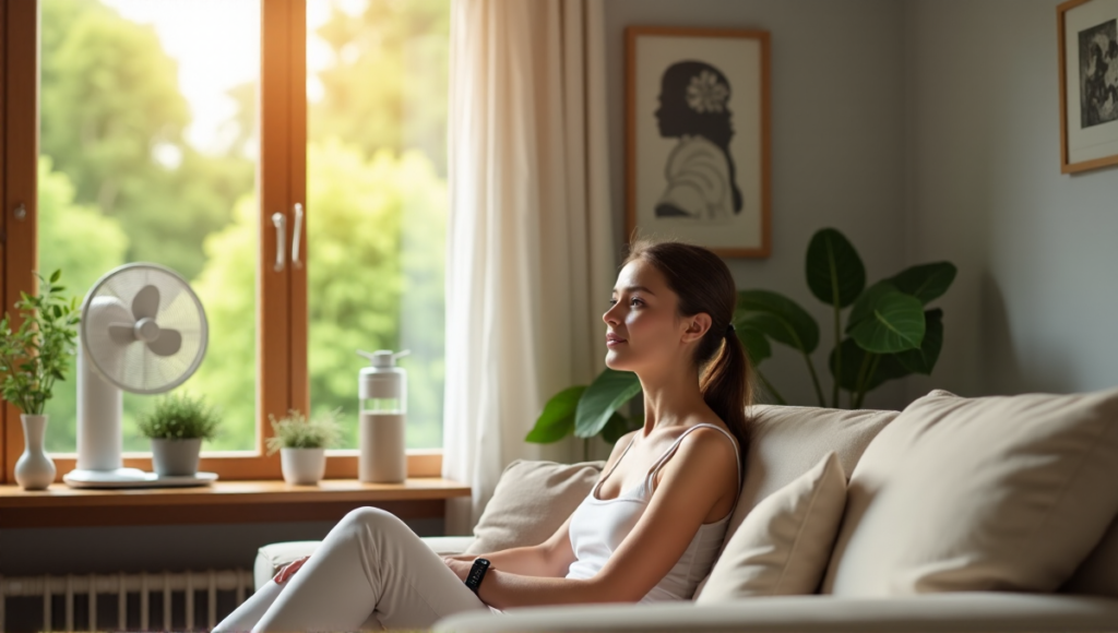"A serene home office space featuring a woman surrounded by smart living essentials, including an air-purifying fan and UV water bottle, wearing a fitness tracker watch."