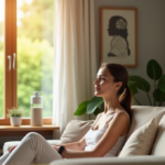 "Smart Living Essentials: Top Picks for Healthier Habits and Wellness Tech" "A serene home office space featuring a woman surrounded by smart living essentials, including an air-purifying fan and UV water bottle, wearing a fitness tracker watch."