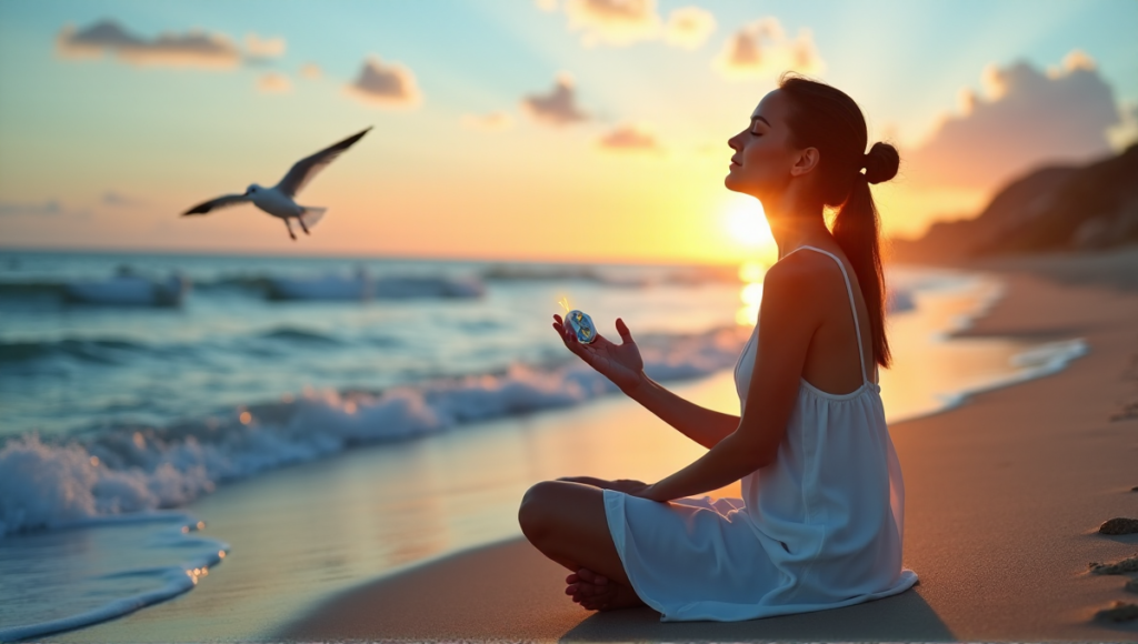 "A serene woman sits on a tranquil beach at sunset with eyes closed, holding a sleek smart stress relief device with pulsing LED light, surrounded by soothing ocean waves."