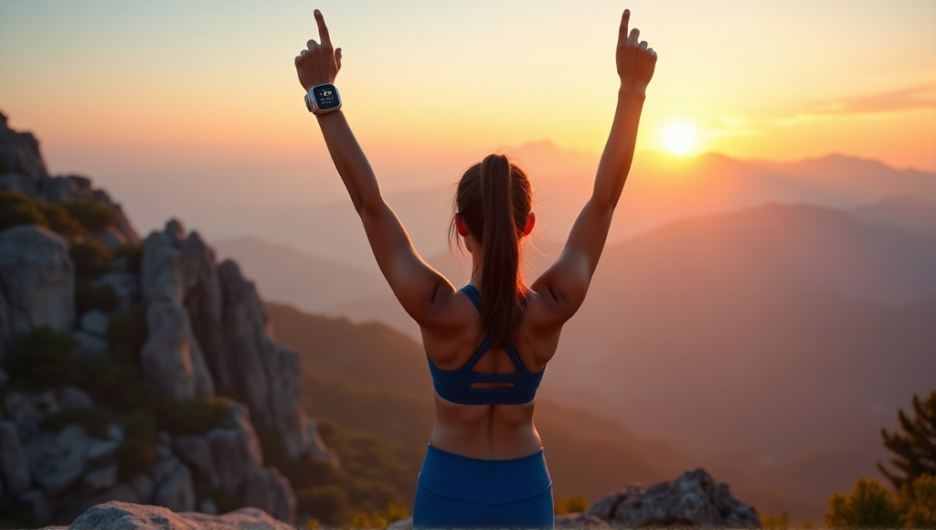 "A young woman stands triumphantly on a mountaintop at sunrise, wearing a sleek silver fitness tracker with a high-resolution touchscreen display."