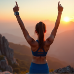 "A young woman stands triumphantly on a mountaintop at sunrise, wearing a sleek silver fitness tracker with a high-resolution touchscreen display."