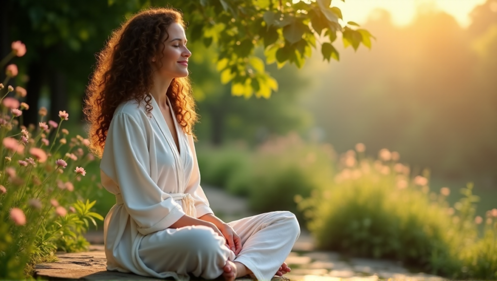 "A serene woman sits on a natural stone bench surrounded by lush greenery and vibrant flowers, embodying mindfulness and wellness."