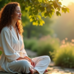 "A serene woman sits on a natural stone bench surrounded by lush greenery and vibrant flowers, embodying mindfulness and wellness."