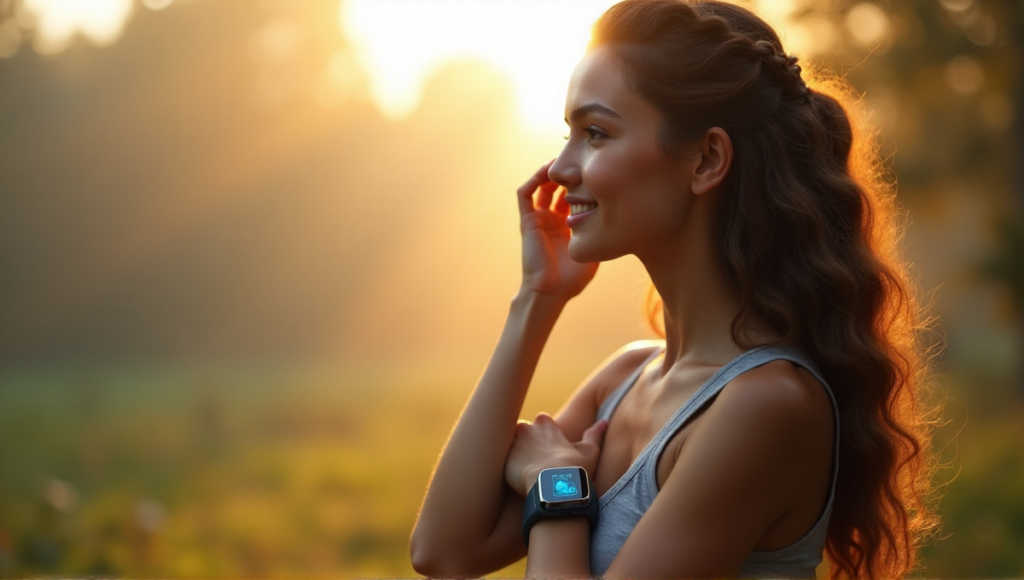 "A young woman wearing a sleek health monitoring wearable device on her wrist stands in front of a misty forest landscape at dawn, exuding serenity and confidence."