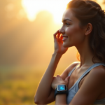 "Unlock Optimal Wellness with Advanced Health Monitoring Wearables" "A young woman wearing a sleek health monitoring wearable device on her wrist stands in front of a misty forest landscape at dawn, exuding serenity and confidence."