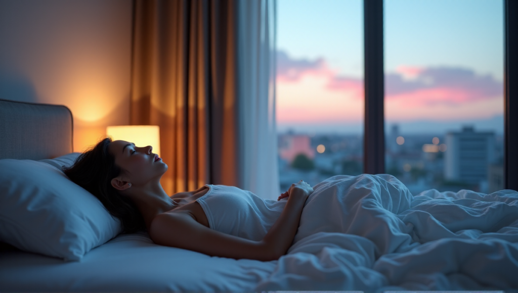 "A serene woman lies on a plush white bed amidst calming ambiance and soft lighting, surrounded by wellness tech gadgets in a peaceful bedroom at dusk."