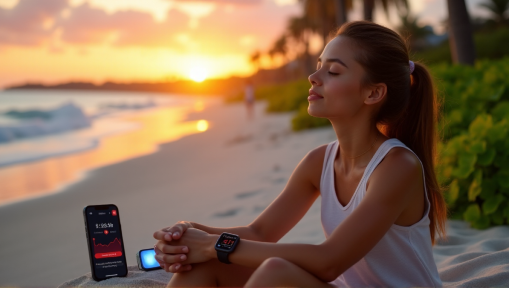 "A young woman relaxes on a serene beach at sunset, surrounded by lush greenery and wellness tech devices."