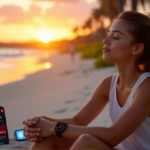 "Transform Your Mindset with Wellness Apps: Unlock a Balanced Life with Top Health Monitoring Wearables and Smart Devices" "A young woman relaxes on a serene beach at sunset, surrounded by lush greenery and wellness tech devices."